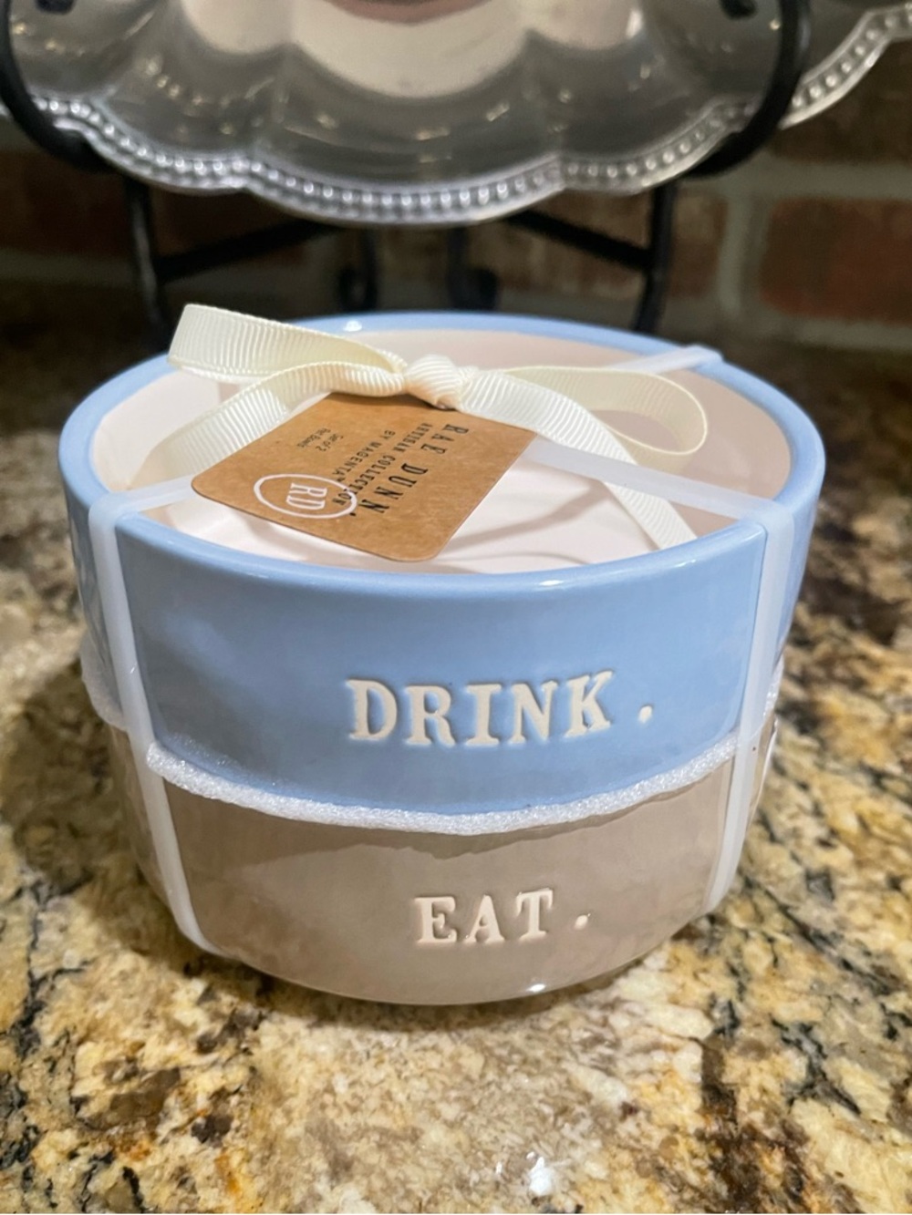 Rae Dunn Pet Stackable Bowls 5” soft blue and taupe - DRINK and EAT - Brand new
